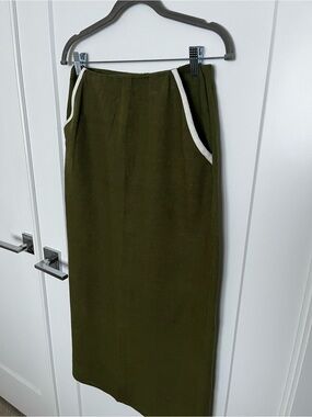 House of Harlow 1960 Linen Blend Olive Green Midi Skirt with White Trim